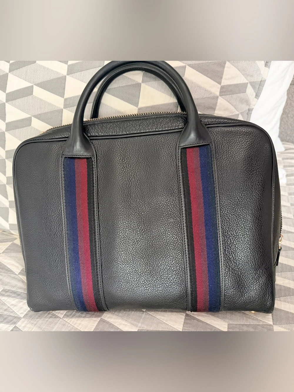 Paul Smith Black Pebbled Leather Briefcase with Navy and Burgundy Stripes
